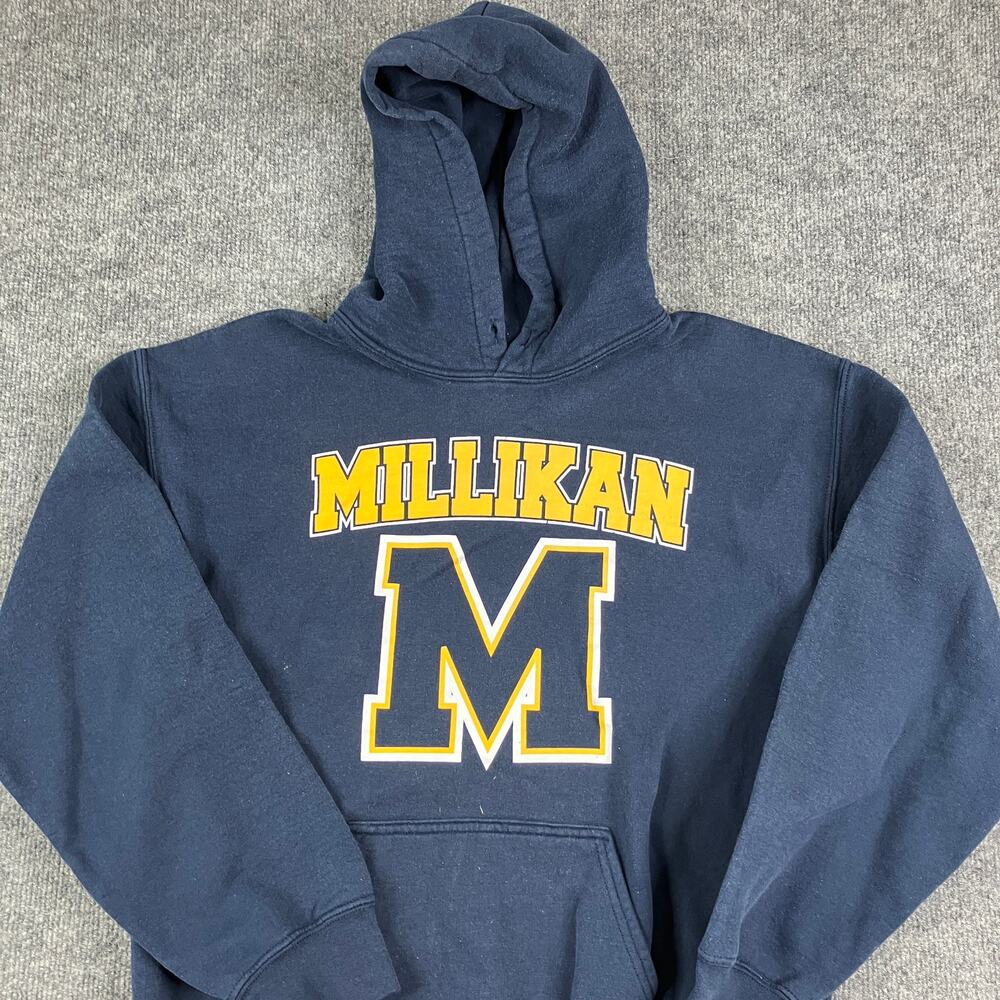 Gildan Hoodie Men M Navy Millikin University Pullover Sweatshirt DryBlend Cotton